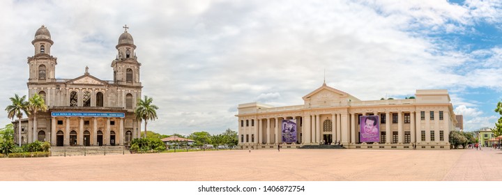 MANAGUA,NICARAGUA - MARCH 15,2019 - Panoramic View At The Old Santiago Cathedral And Palace National Of Culture In Managua. Managua Is Capital Of Nicaragua.