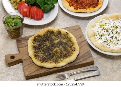 Manakeesh, Lebantine Pizza, Topping With Zaatar(thyme), Labneh(strained Yogurt) And Groud Beef