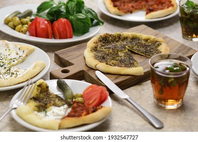 Manakeesh, Lebantine Pizza, Topping With Zaatar(thyme), Labneh(strained Yogurt) And Groud Beef