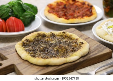 Manakeesh, Lebantine Pizza, Topping With Zaatar(thyme), Labneh(strained Yogurt) And Groud Beef