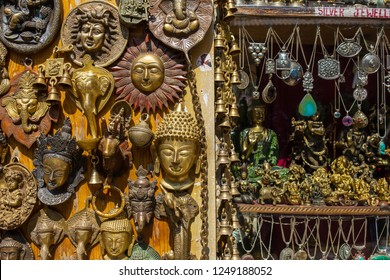 Manali, India - May 26, 2017: Traditional Souvenirs And Silver Jewelleries Indian Shop