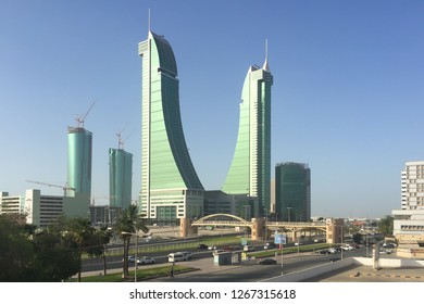 Manama, Bahrain - 10-12-2018: The Financial Harbour towers in the desert