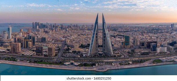 Manama, Bahrain - 27th December, 2019 :  Panoramic and arial view of Manama Cityscape with Bahrain World Trade Center and other high rise buildings 