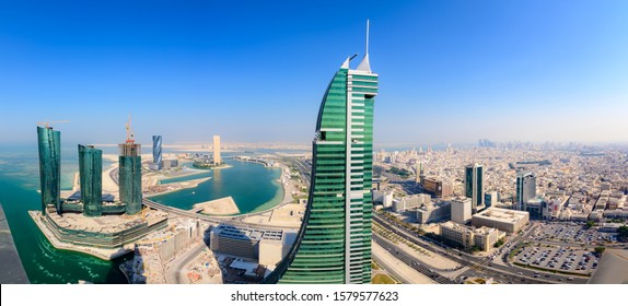 MANAMA, BAHRAIN - DECEMBER 05, 2019: Aerial view of architecture and newly constructed areas in Manama, Bahrain