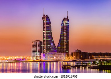 Manama, Bahrain - December 09, 2019: Beautifully illuminated Bahrain Financial Harbour after sunset with beautiful colors, Manama, Bahrain.