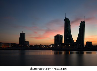 MANAMA , BAHRAIN - DECEMBER 25: Bahrain Financial Harbour during sunset  on December 25, 2017. It is one of tallest twin towers in Manama, Bahrain.