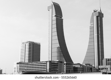 MANAMA , BAHRAIN - January 13: Bahrain Financial Harbour buildings in day light , tallest twin towers in Manama, Bahrain on January 13, 2017 - Black and white edit