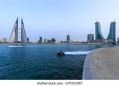 MANAMA, BAHRAIN - JULY 14, 2017:Tallest buildings Bahrain Financial Harbour and World trade center during sunrise, Manama, Bahrain.