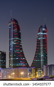 Manama, Bahrain - July, 2019: Tallest building in Bahrain, Bahrain Financial Harbour at night, Manama, Bahrain.