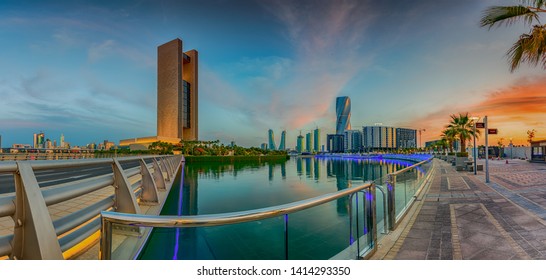 Manama, Bahrain - June 02, 2019: Beautiful panoramic view of Four seasons hotel and Bahrain Bay after sunset, Manama, Kingdom of Bahrain.