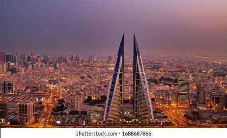 Manama, Bahrain - March 10, 2020 : Aerial View Of Manama City At Night 