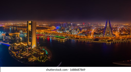 Manama, Bahrain - March 10, 2020 : Aerial View Of Manama City At Night 