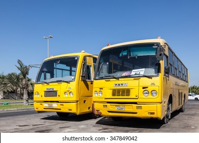 MANAMA, BAHRAIN - NOV 14: Two yellow TATA school buses in the city of Manama. November 14, 2015 in Manama, Kingdom of Bahrain