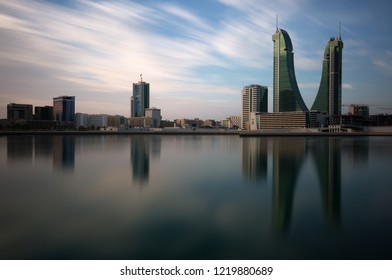 MANAMA , BAHRAIN - NOVEMBER 02: Bahrain Financial Harbour with dramatic clouds during morning hours on November 02, 2018. It is one of tallest twin towers in Manama, Bahrain.