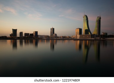 MANAMA , BAHRAIN - NOVEMBER 02: Bahrain Financial Harbour with dramatic clouds during morning hours on November 02, 2018. It is one of tallest twin towers in Manama, Bahrain.
