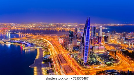 Manama, Bahrain - November 04, 2017: Panoramic view of Bahrain World Trade Centre building, Avenue mall and manama city at blue hour