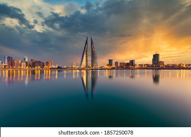 MANAMA, BAHRAIN - NOVEMBER 11, 2016: View of Bahrain skyline along with a dramatic sky in the background during sunset