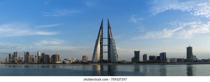 MANAMA, BAHRAIN - November , 2017: panorama view of the World Trade Center and other high rise buildings in Manama on Nov 19, 2017 in Manama, Bahrain