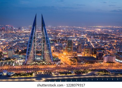 MANAMA, BAHRAIN - November , 2018: Aerial view of the World Trade Center and other high rise buildings in Manama on November 10, 2018 in Manama, Bahrain
