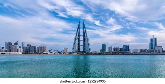 MANAMA, BAHRAIN - November , 2018: View of World Trade Center and other high rise buildings in Manama at sunset  on Nov 16, 2018 in Manama, Bahrain