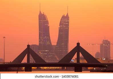 MANAMA , BAHRAIN - NOVEMBER 26: Sheikh Salman Causeway bridge and Bahrain Financial Harbour building during sunset on November 26, 2019, Bahrain