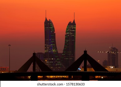 MANAMA , BAHRAIN - NOVEMBER 28: Sheikh Salman Causeway bridge and Bahrain Financial Harbour building during sunset on November 28, 2019, Bahrain