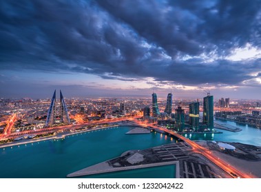 Manama, Bahrain - November10, 2018: View of Bahrain Financial Harbour and bahrain skyline at night, Manama, Bahrain.