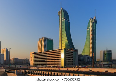 MANAMA, BAHRAIN - OCTOBER 27, 2017: view of Bahrain Financial Harbour during sunrise, Manama, Bahrain.