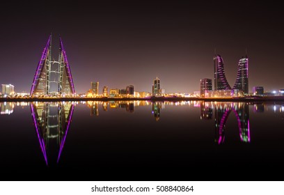 MANAMA , BAHRAIN - OCTOBER 30: Bahrain skyline with tallest iconic buildings, Bahrain Financial Harbour and World Trade center at night, Manama, Bahrain on October 30, 2016