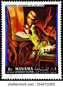 Manama, Circa 1968: Postage Stamp From The Series
Old Paintings Showing The Love Letter; By Jean-Honoré Fragonard (1732-1806).