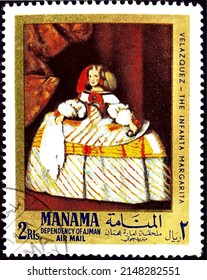 Manama, Circa 1968: Stamp From The Paintings Series By Diego Rodriguez De Silva Y Velázquez (1599-1660) Showing The Infanta Doña Margarita (about 1660).