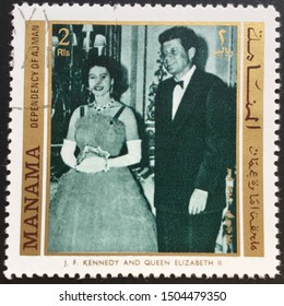 Manama, Year 1971, Stamp Dedicated To John Fitzgerald Kennedy With Queen Elizabeth II