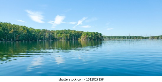 Manasquan Reservoir in New Jersey, USA. Dead Trees in the forest around a lake. reflections of old tree trunks in blue pond water. - Shutterstock ID 1512029159
