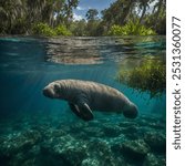 A manatee coasts easily through completely clear waters, its huge, adjusted body moving with a tranquil elegance.