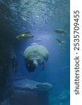 Manatee swimming under blue water  