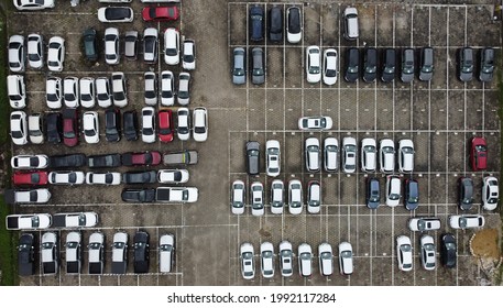 Manaus, AM, Brazil - June 14, 2021: Aerial View Of New Cars Parked In Rows At A Hyundai Car Dealership Storage Lot.