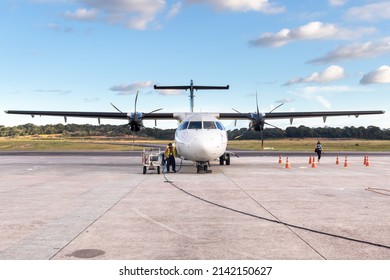 Manaus, Amazonas, Brazil - Mar 25, 2022: ATR 72-500 (PR-PDT) Plane From VoePass Airline Connected To GPU At Manaus International Airport - Eduardo Gomes (MAO, SBEG)