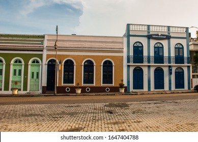 Manaus, Amazonas, Brazil, South America: Manaus City Sidewalk With Amazon. Beautiful Small Houses On The Opera Square