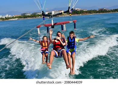 Manavgat Antalya Turkey-24.11.2021: People are flying with parasailing