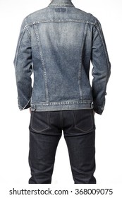 A Man(boy, Male, Model) Wearing Grunge Blue Denim(jeans) Jacket And Pants(trousers) Stand Up, Make A Pose Close Up For Detail Isolated White At The Studio.