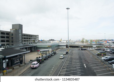 Manchester Airport Parking Spaces In Cloudy Day, Manchester, England On April 29, 2018.