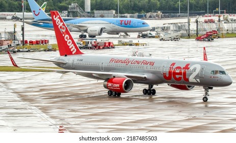 Manchester Airport, United Kingdom -  1 July, 2022: Jet2 Boeing 757 (G-LSAB) Parking Up At T2.