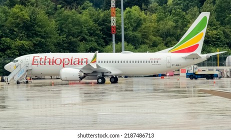 Manchester Airport, United Kingdom -  1 July, 2022: Ethiopian Airlines Boeing 737 MAX (ET-AWJ) Parked On Remote After The 5th Boeing 737 MAX Delivery Flight From Seattle, United States.