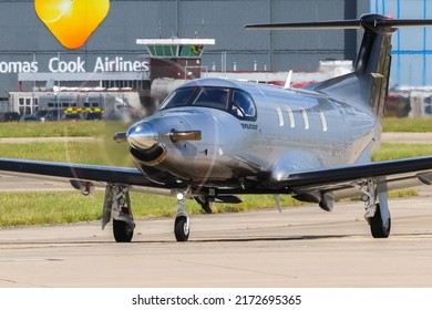 Manchester Airport, United Kingdom - 10 June 2022: Ravenair Pilatus PC-12 (G-MDSI) entering runway 23L for take off to Oxford.