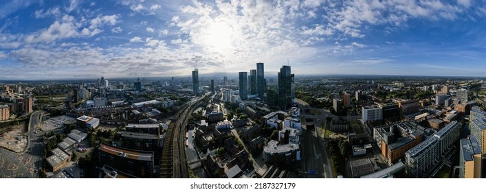 Manchester City Centre Drone Aerial View Above Building Work Skyline Construction Blue Sky Summer Beetham Tower Apartments Estate Agent 2022 Panoramic