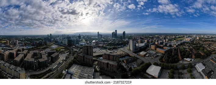 Manchester City Centre Drone Aerial View Above Building Work Skyline Construction Blue Sky Summer Beetham Tower Panoramic 2022