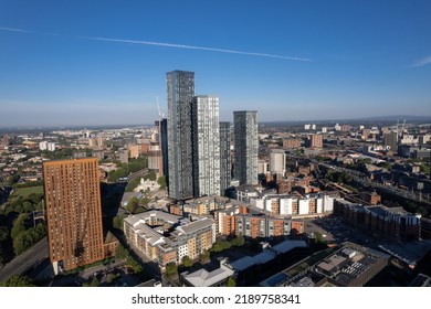 Manchester City Centre Drone Aerial View Above Building Work Skyline Construction Blue Sky Summer