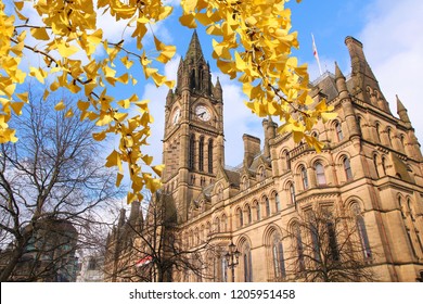 Manchester - City In North West England (UK). City Hall. Autumn Leaves Colors.