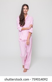 Manchester, England, 05/07/2016, A Beautiful Tall Brunette Girl In A Pink Pyjama Dress, Night Wear, Evening Sleep Wear.