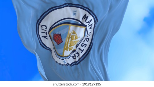 Manchester , England - 17 February 2021 - Waving flag of English football club Manchester City F.C.
